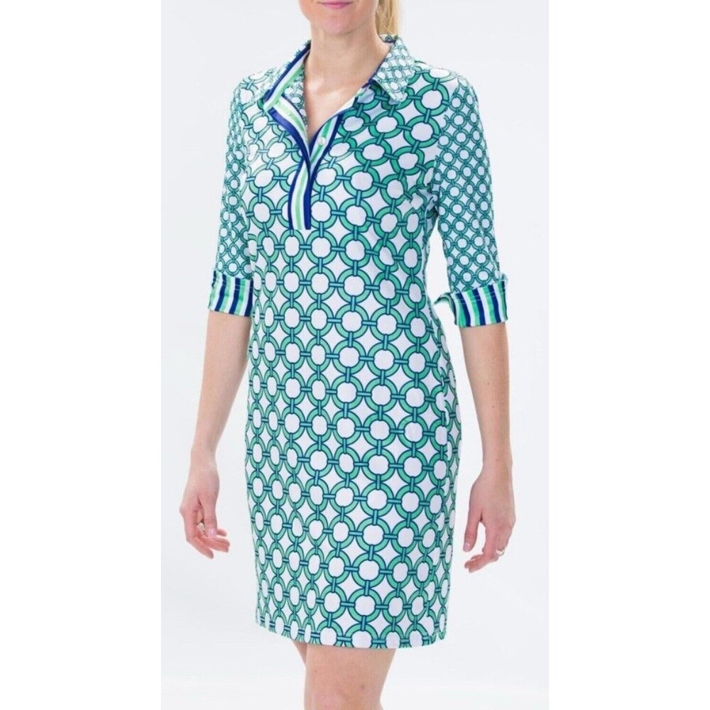 Gretchen Scott Everywhere Dress Green Blue Geometric Preppy Coastal Resort Large